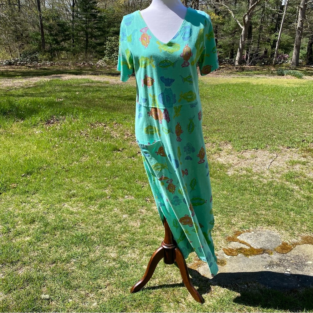 FRESH PRODUCE DRESS MAXI SHORT SLEEVE V-NECK POCKET GREEN FISH PRINT SIZE S USA